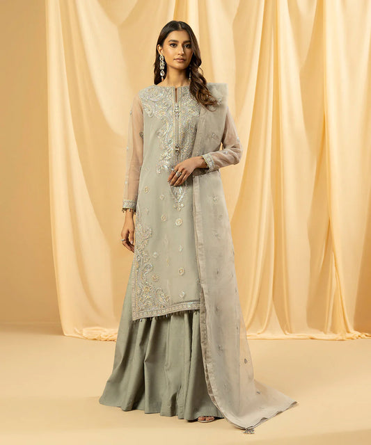 SAPPHIRE | UNSTICHED 3 PIECE DYED EMBROIDERED ORGANZA SUIT