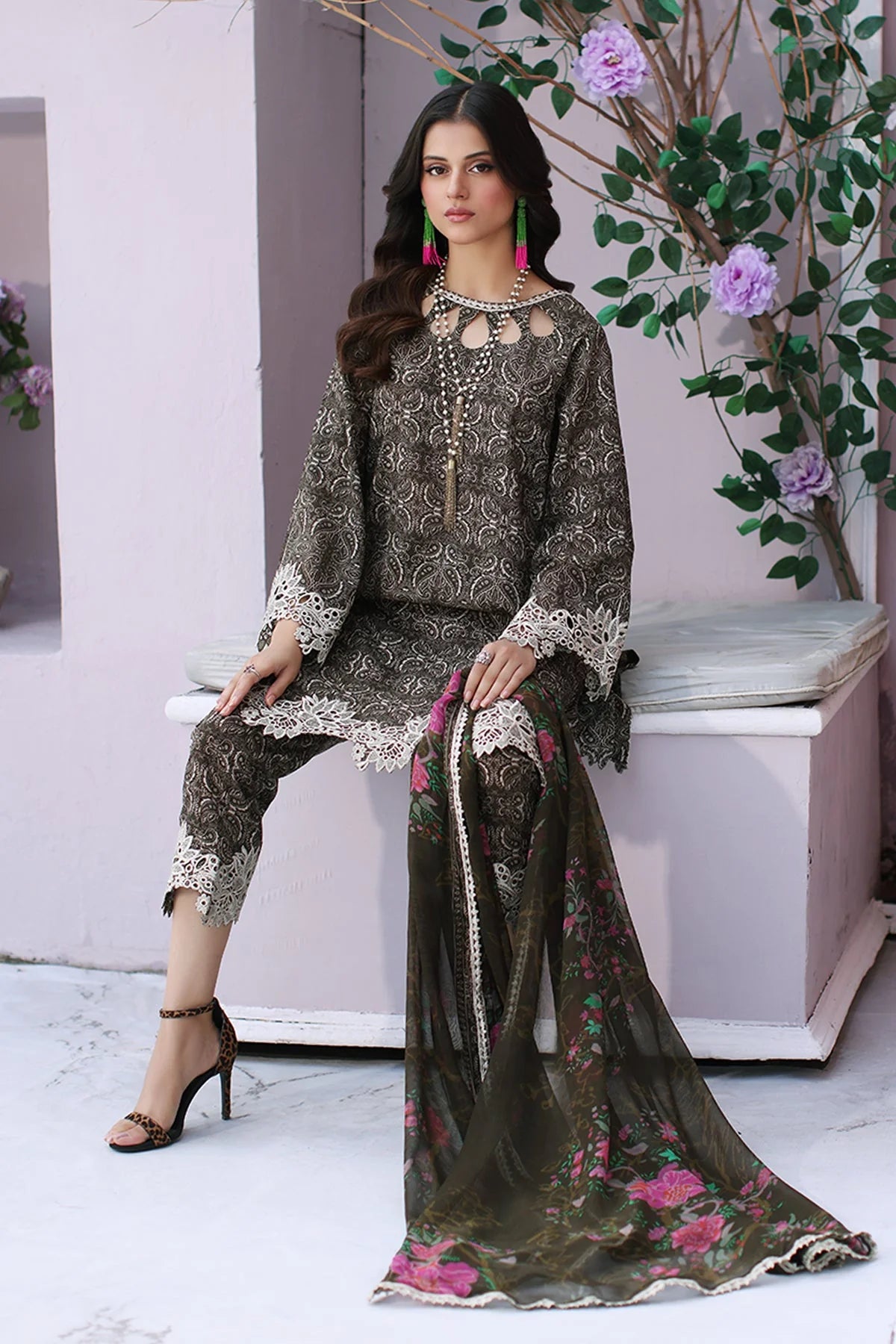Charizma | 3-PC Unstitched Embroidered Lawn Shirt With Chiffon Dupatta And Trouser