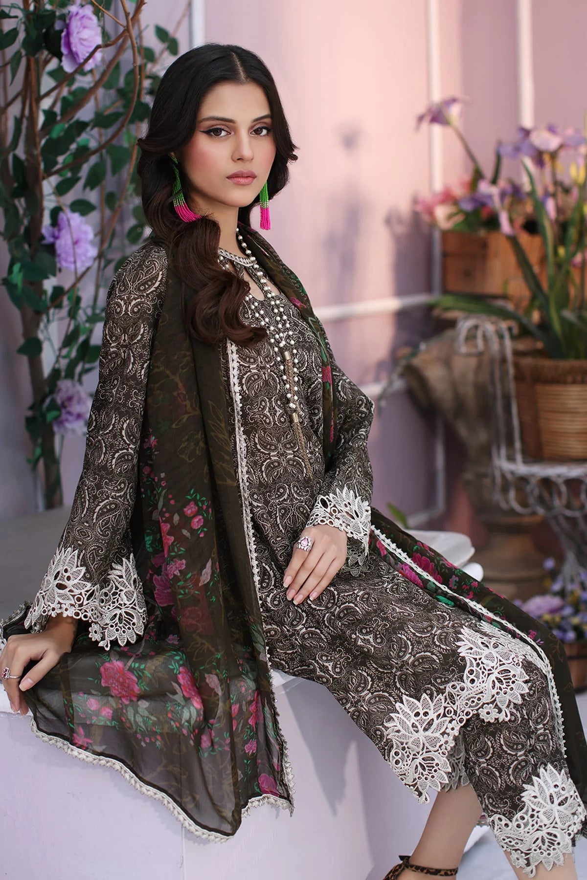 Charizma | 3-PC Unstitched Embroidered Lawn Shirt With Chiffon Dupatta And Trouser