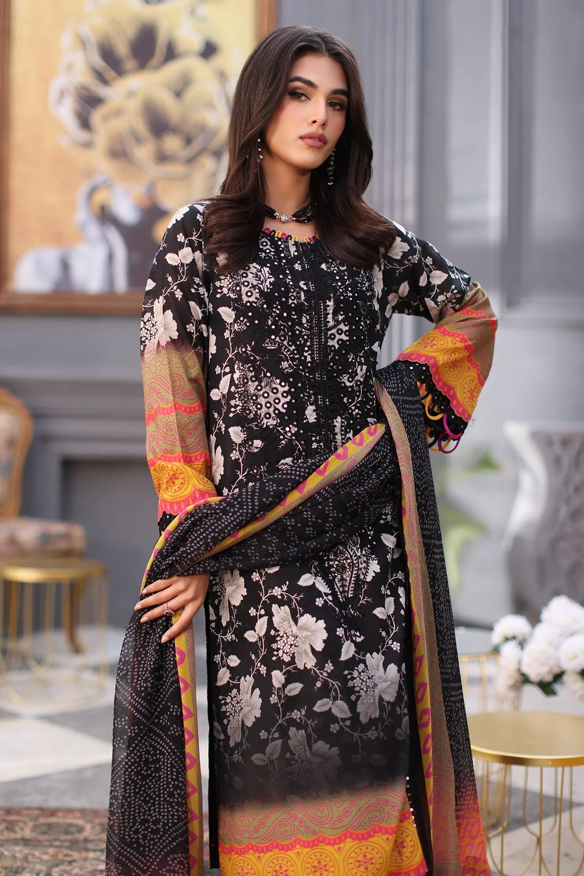 Charizma | 3-PC Unstitched Embroidered Lawn Shirt With Chiffon Dupatta And Trouser