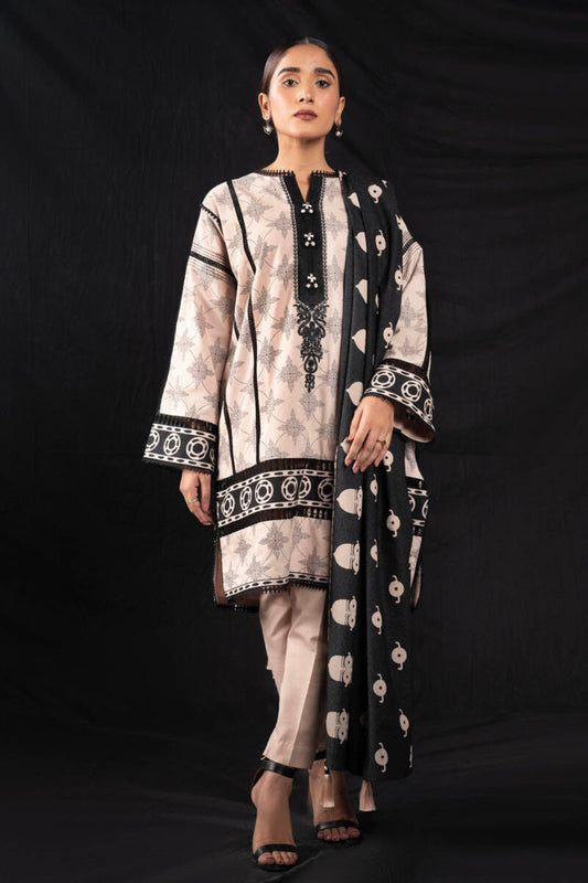 Alkaram | 3 Pc Unstitched Printed Karandi Suit | FW-08-23-Cream