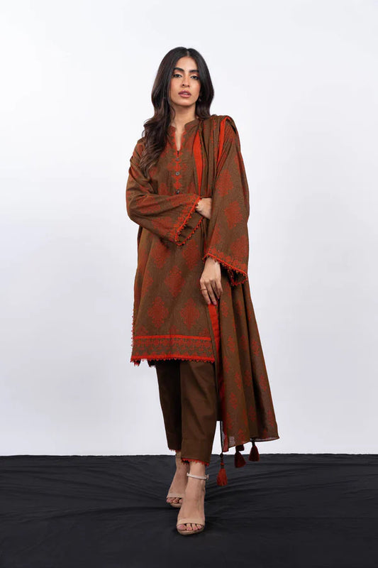Alkaram | 3 Pc Unstitched Printed Karandi Suit | FW-34-23-Brown