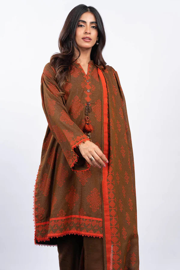 Alkaram | 3 Pc Unstitched Printed Karandi Suit | FW-34-23-Brown