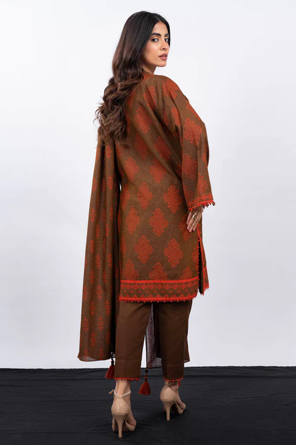 Alkaram | 3 Pc Unstitched Printed Karandi Suit | FW-34-23-Brown