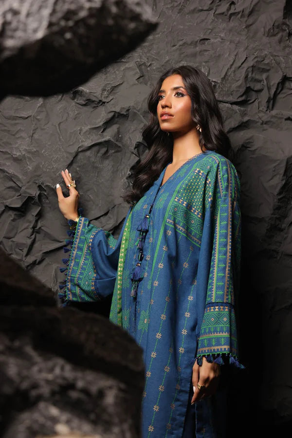 ALKARAM | Unstitched 3 Pc Printed Staple Slub Viscose Suit With Herringbone Shawl | Winter