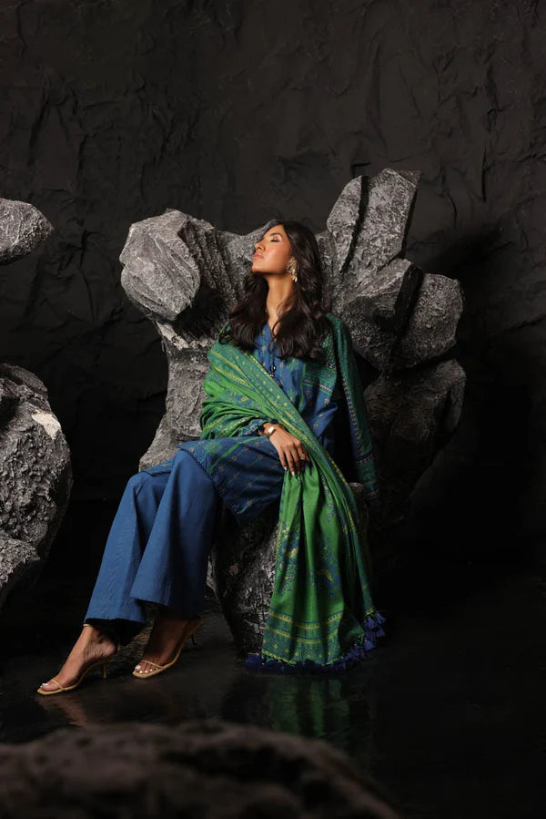 ALKARAM | Unstitched 3 Pc Printed Staple Slub Viscose Suit With Herringbone Shawl | Winter