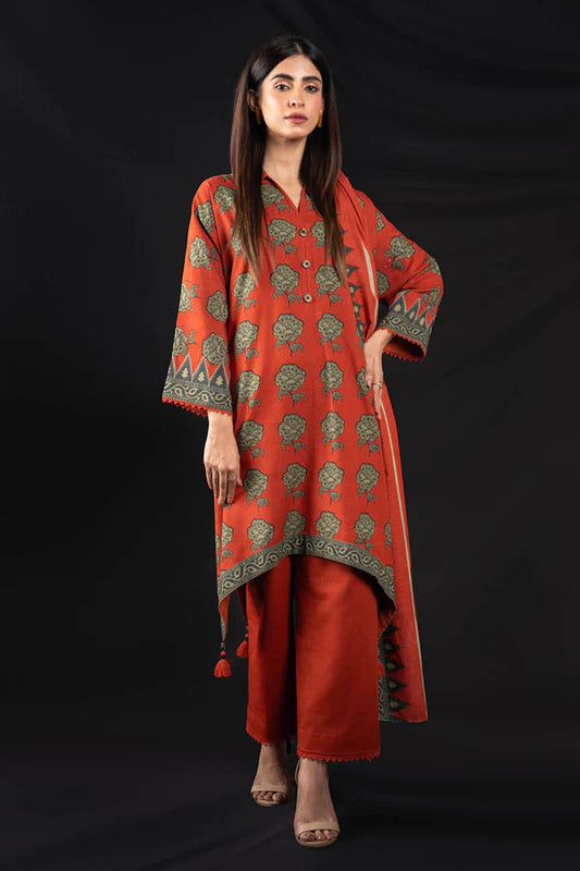 Alkaram | 3 Pc Unstitched Printed Staple Slub Viscose Suit | FW-43-23-Rust