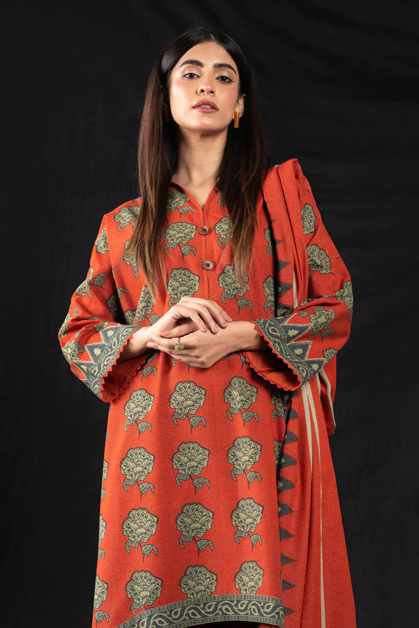 Alkaram | 3 Pc Unstitched Printed Staple Slub Viscose Suit | FW-43-23-Rust