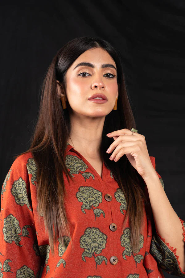Alkaram | 3 Pc Unstitched Printed Staple Slub Viscose Suit | FW-43-23-Rust