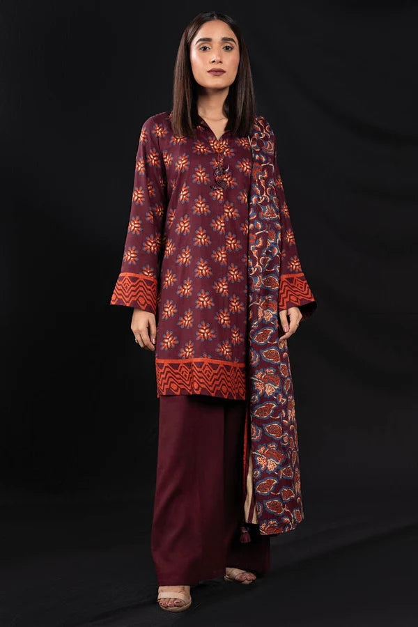 ALKARAM | Unstitched 3 Pc Printed Cross Slub Viscose Suit With Cross Slub Viscose Dupatta | Winter