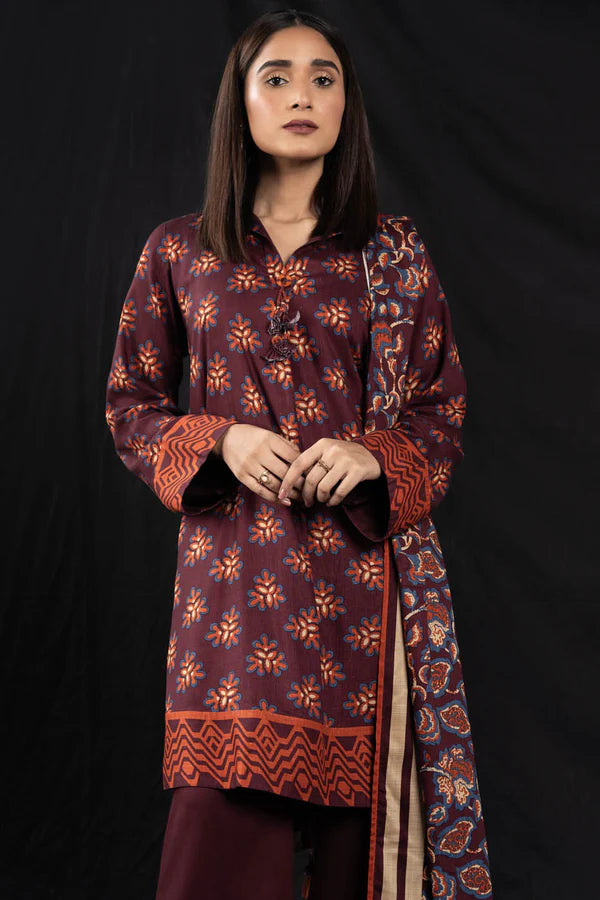 ALKARAM | Unstitched 3 Pc Printed Cross Slub Viscose Suit With Cross Slub Viscose Dupatta | Winter