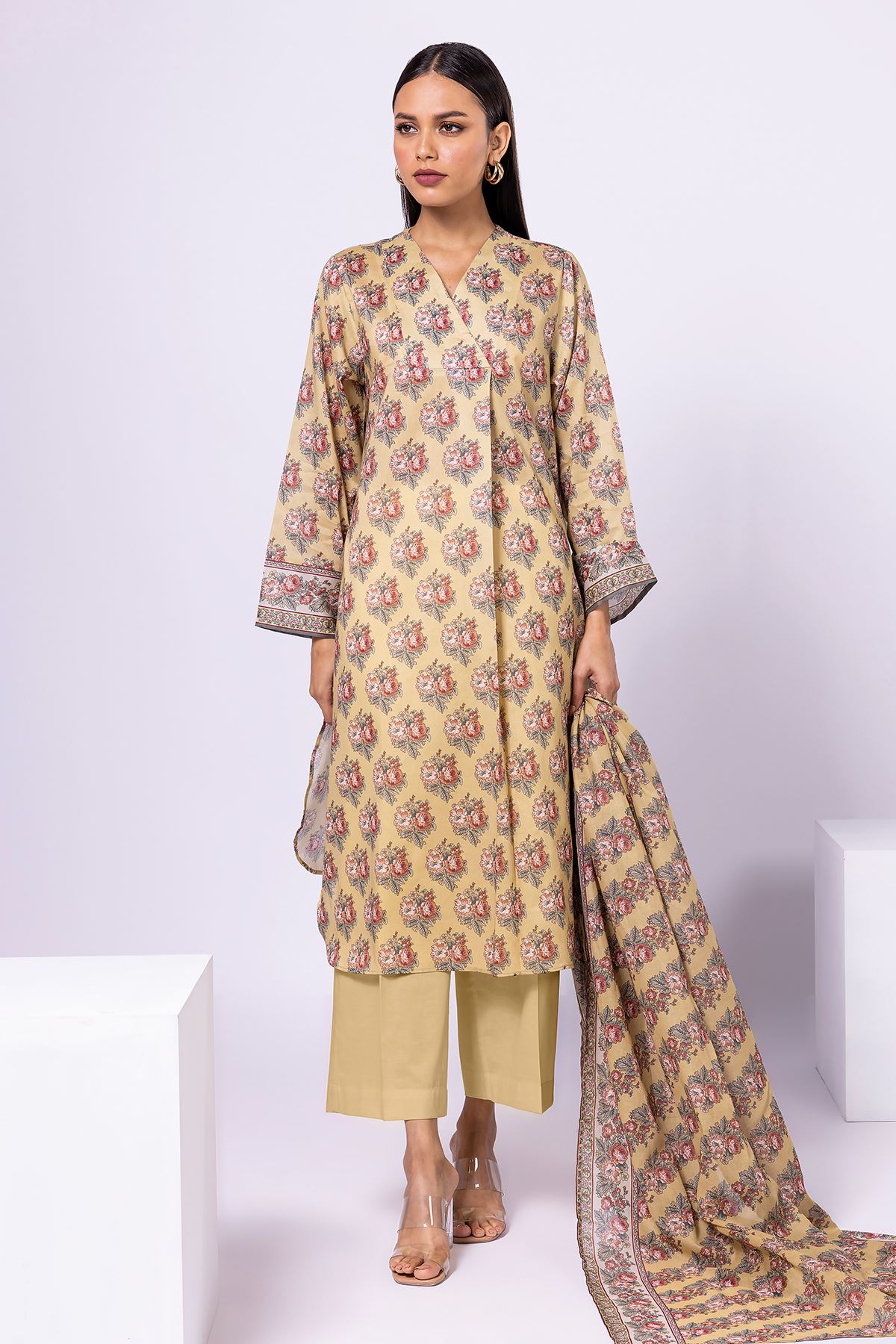 Khaadi | 3 Piece Unstitched Lawn-Top, Bottom & Dupatta | ALA230522-Yellow