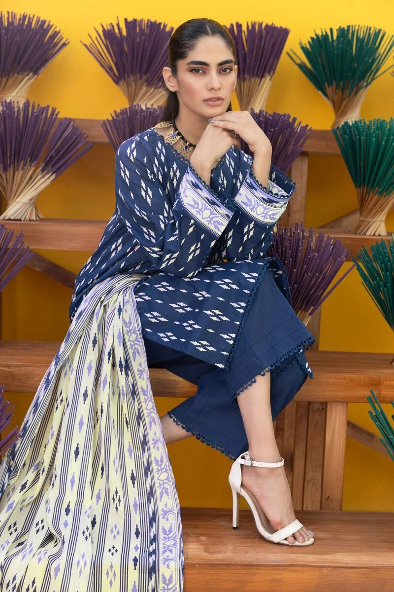 Khaadi | 3 Piece Unstitched Printed Cambric Suit | ALA231203-Navy