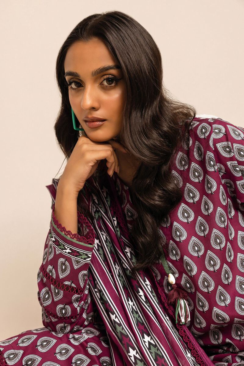 Khaadi | 3 Piece Unstitched Printed Lawn Suit | ALA231212 - Maroon