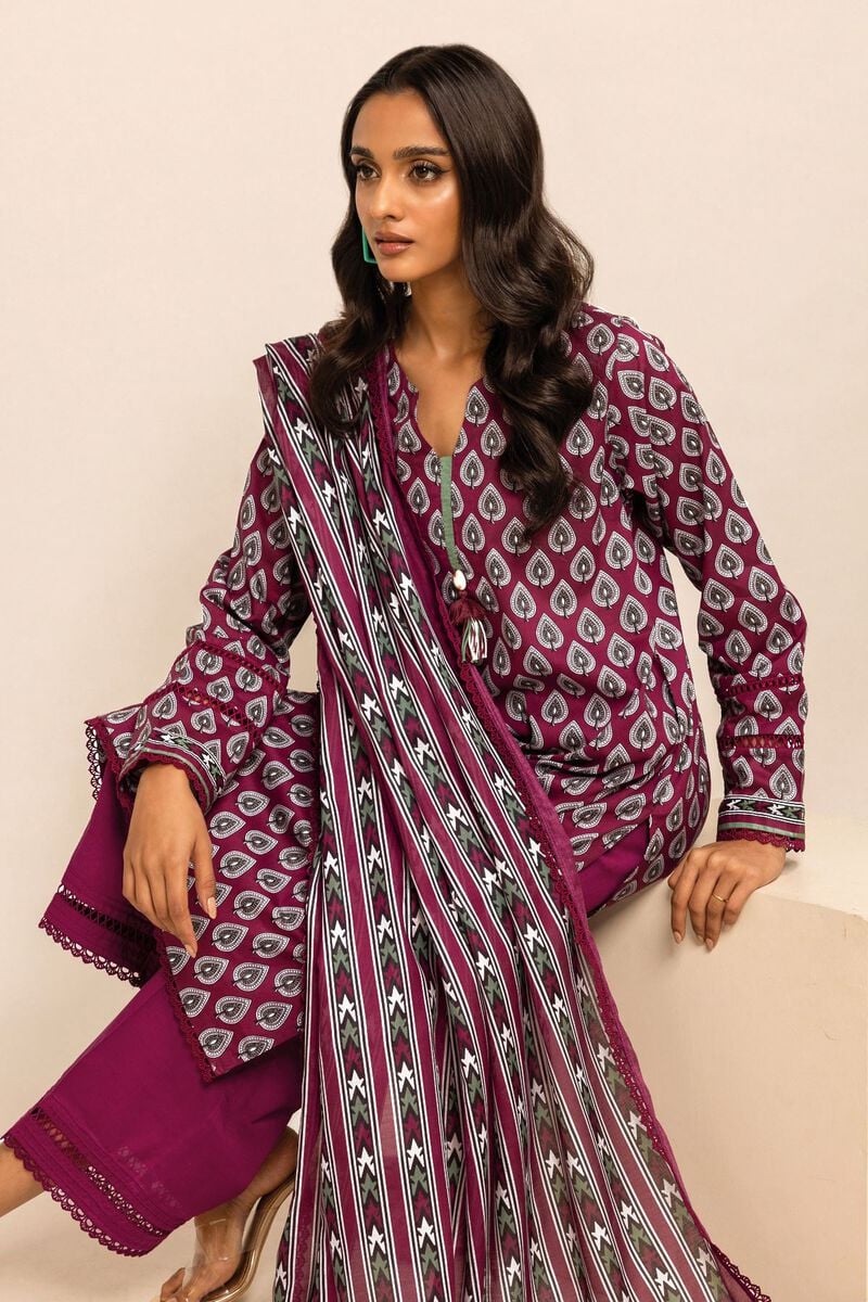 Khaadi | 3 Piece Unstitched Printed Lawn Suit | ALA231212 - Maroon
