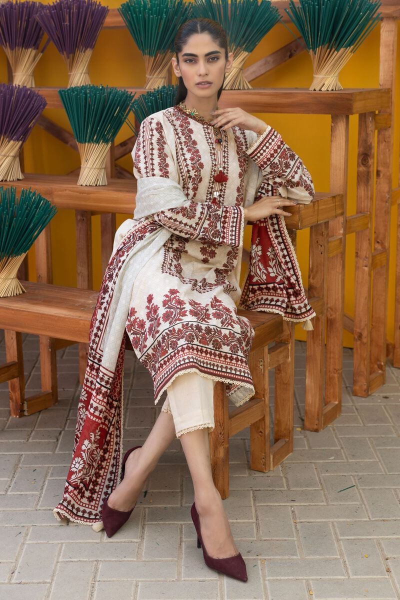 Khaadi | 3 Piece Unstitched Printed Lawn Suit | ALA231221-Beige