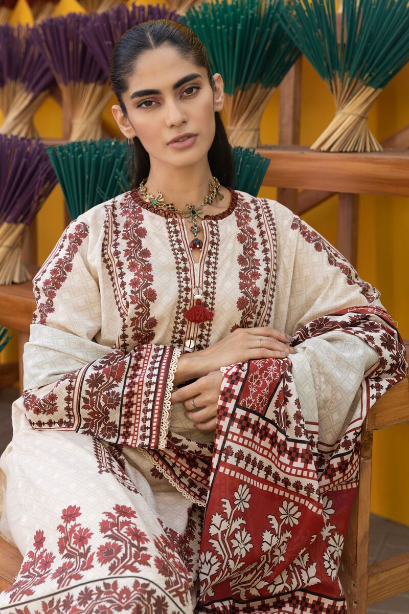 Khaadi | 3 Piece Unstitched Printed Lawn Suit | ALA231221-Beige