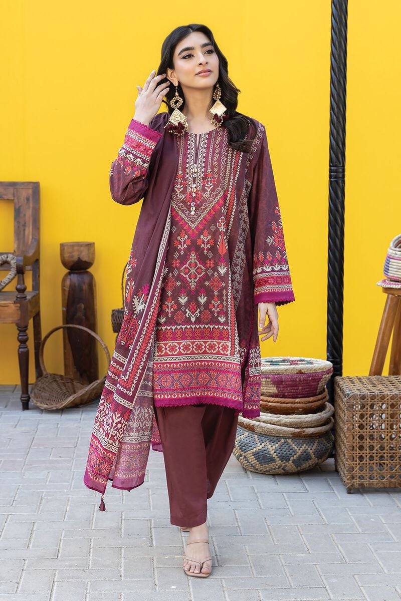 Khaadi | 3 Piece Unstitched Printed Lawn Suit | ALA231250-Maroon