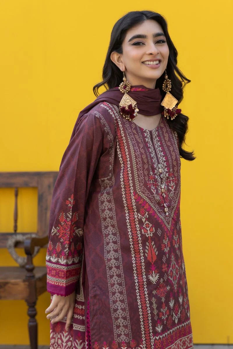 Khaadi | 3 Piece Unstitched Printed Lawn Suit | ALA231250-Maroon