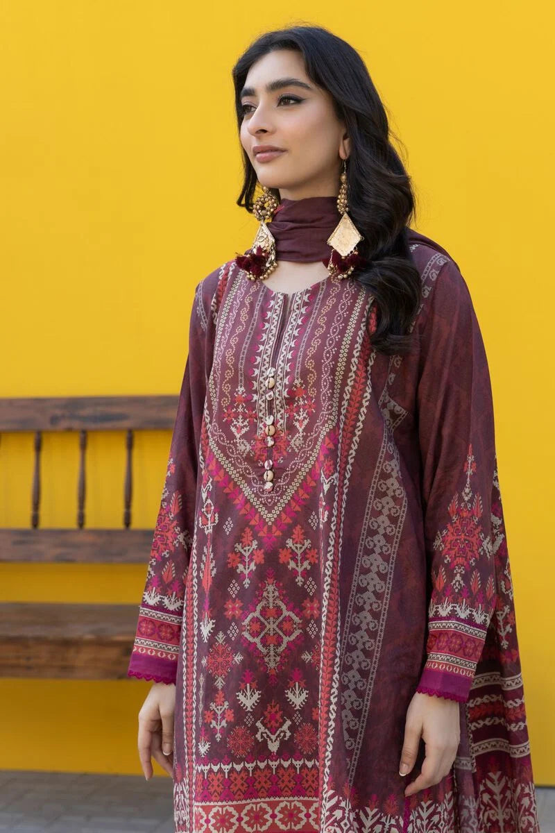 Khaadi | 3 Piece Unstitched Printed Lawn Suit | ALA231250-Maroon