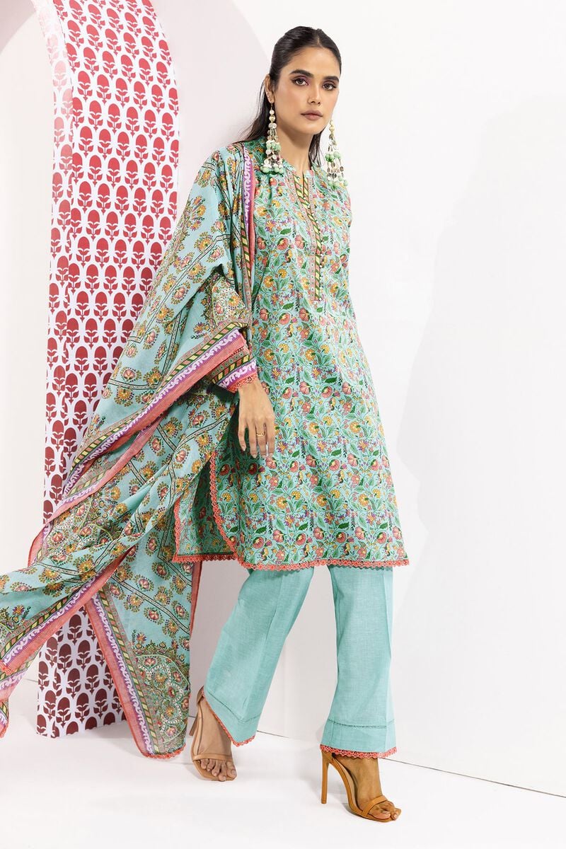 Khaadi | 3 Piece Unstitched Printed Lawn Suit | ALA240109-Turquoise