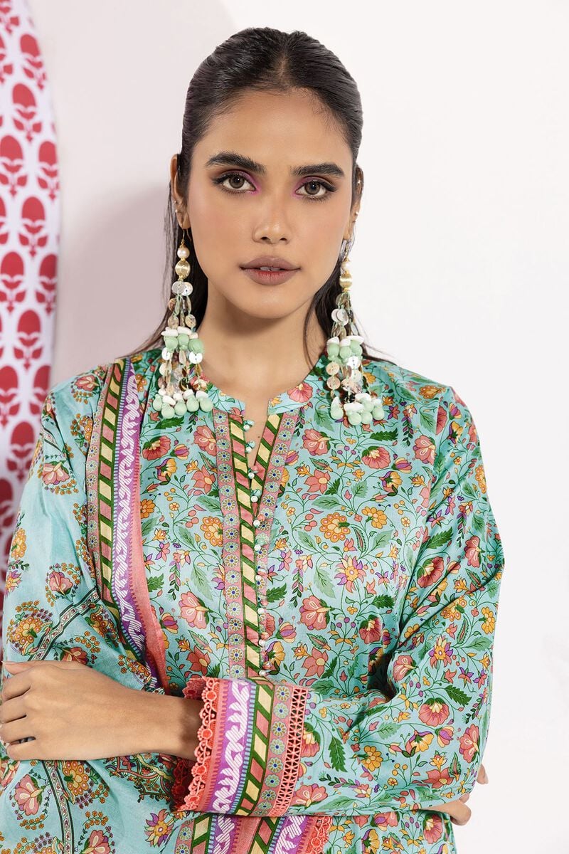 Khaadi | 3 Piece Unstitched Printed Lawn Suit | ALA240109-Turquoise
