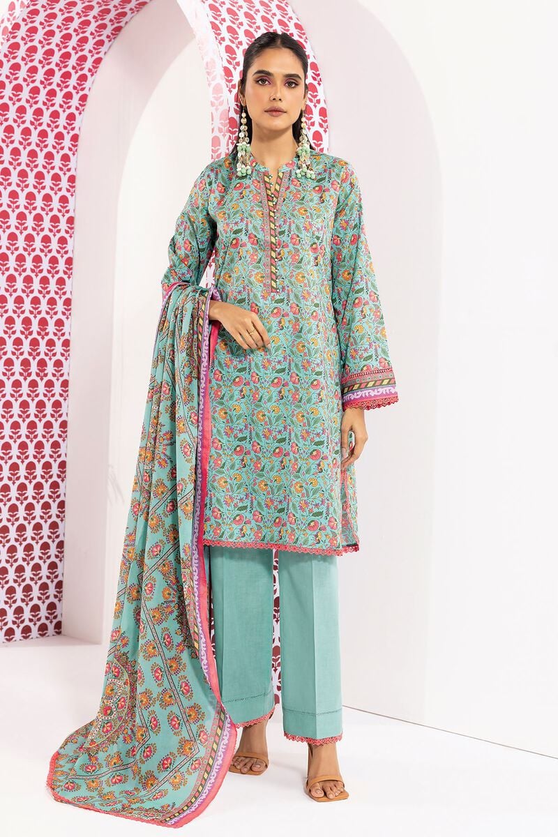 Khaadi | 3 Piece Unstitched Printed Lawn Suit | ALA240109-Turquoise