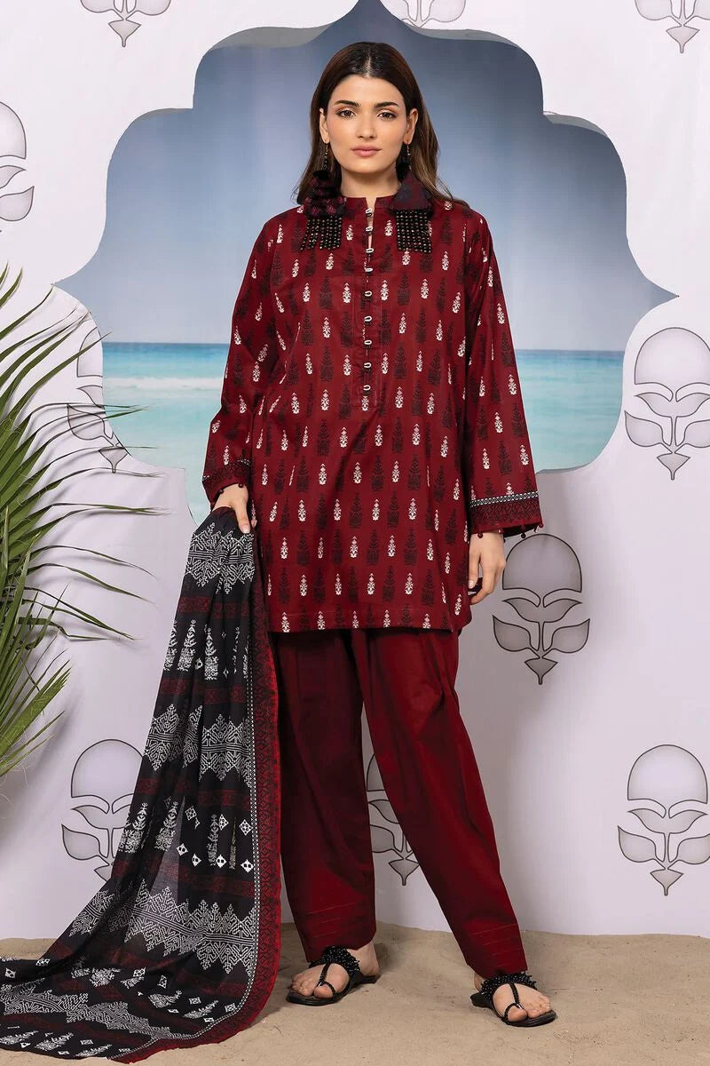 Khaadi | 3 Piece Unstitched Printed Lawn Suit | ALA240113 - Maroon