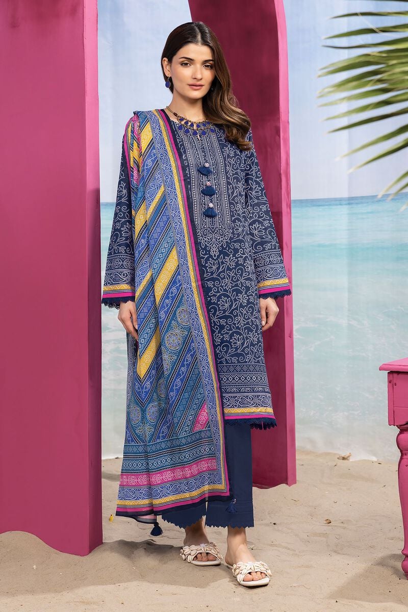 Khaadi | 3 Piece Unstitched Printed Lawn Suit | ALA240121-Navy