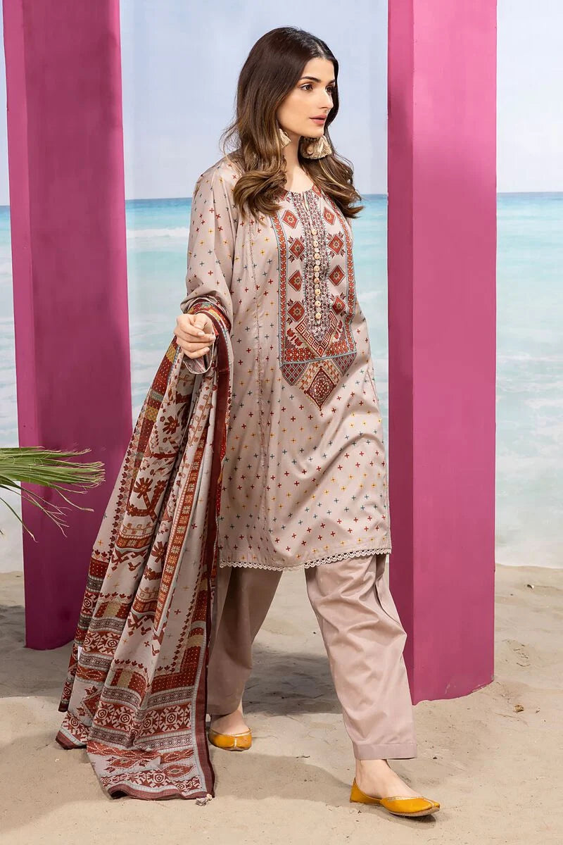 Khaadi | 3 Piece Unstitched Printed Cambric Suit | ALA240122-Beige