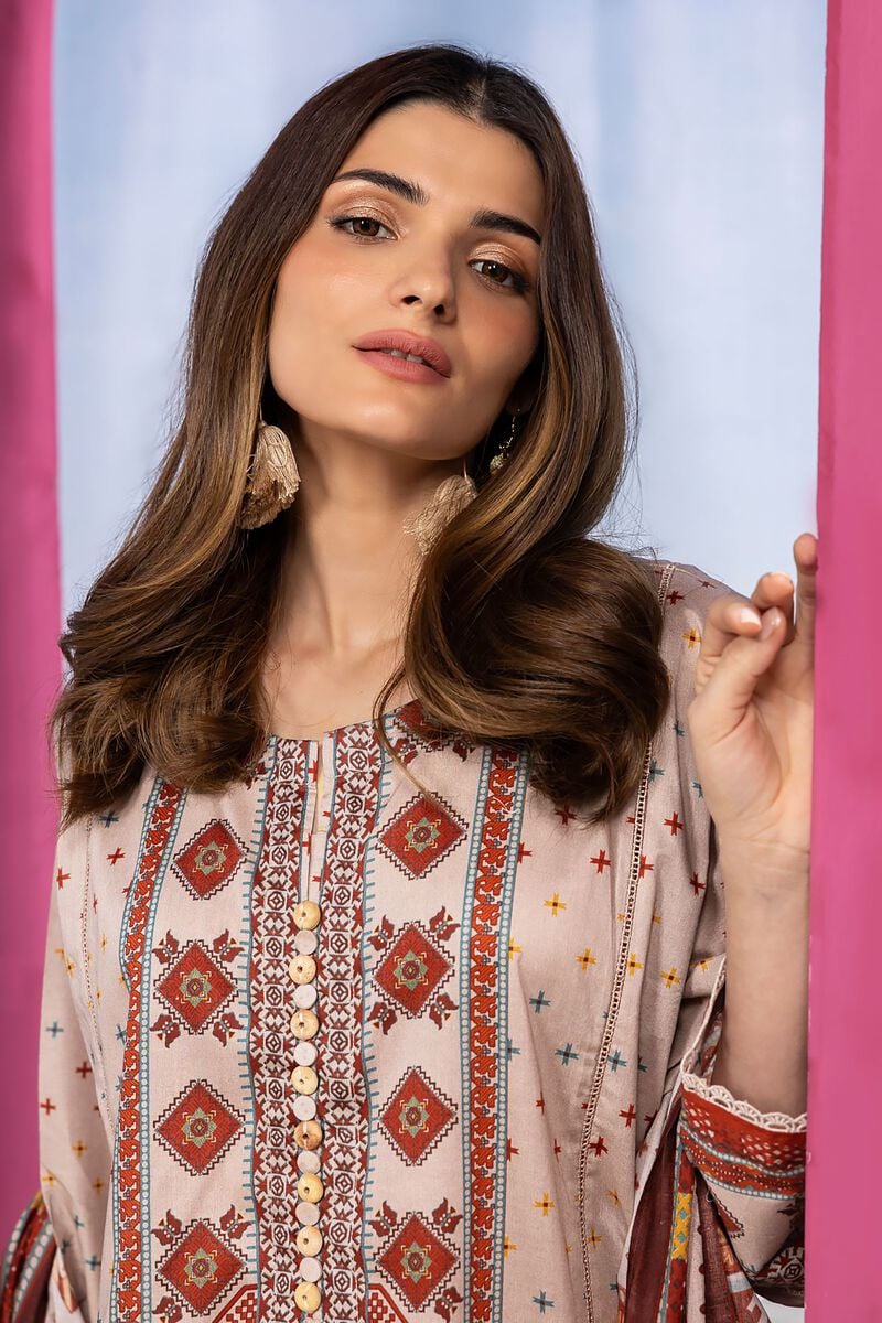 Khaadi | 3 Piece Unstitched Printed Cambric Suit | ALA240122-Beige