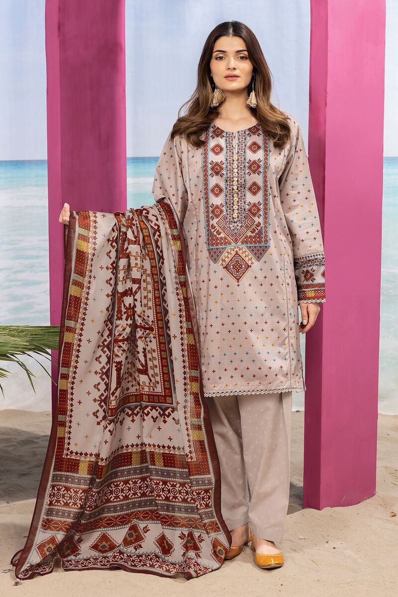 Khaadi | 3 Piece Unstitched Printed Cambric Suit | ALA240122-Beige