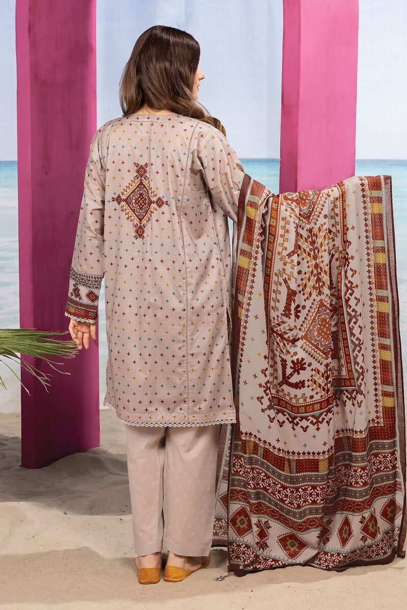 Khaadi | 3 Piece Unstitched Printed Cambric Suit | ALA240122-Beige