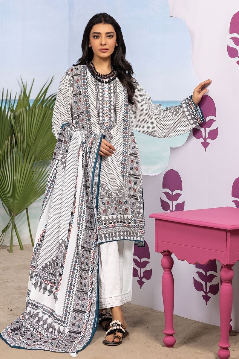 Khaadi | 3 Piece Unstitched Printed Lawn Suit | ALA240154-White