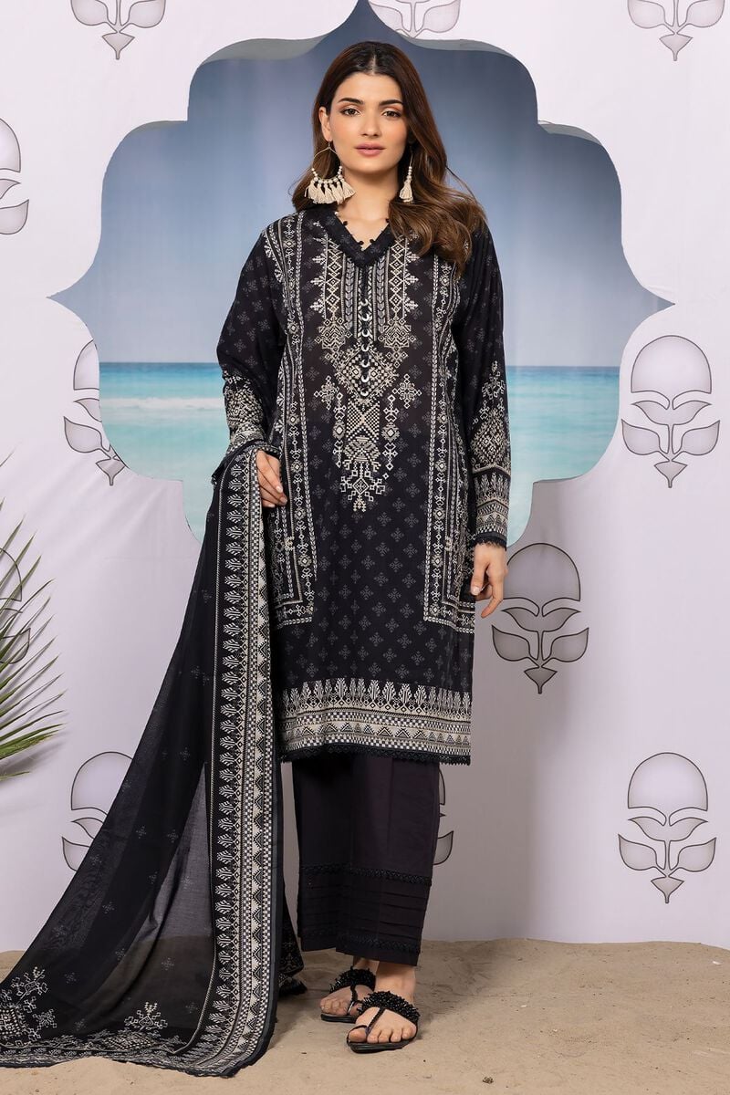 Khaadi | 3 Piece Unstitched Printed Lawn Suit | ALA240155-Black