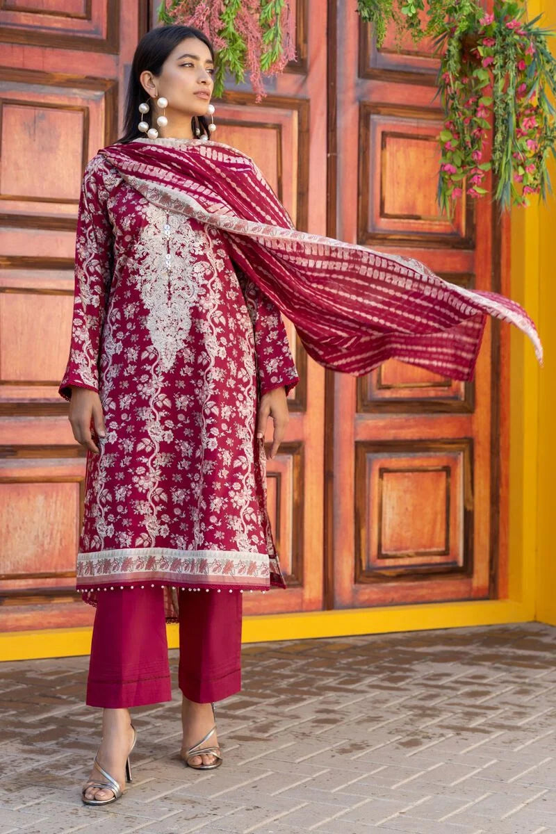 Khaadi | 3 Piece Unstitched Printed Embroidered Lawn Suit | BLA231201-Red