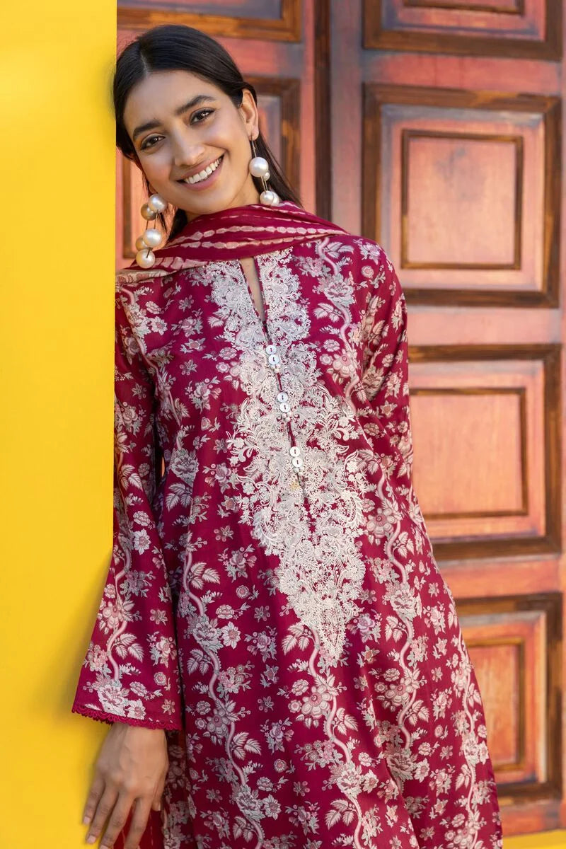 Khaadi | 3 Piece Unstitched Printed Embroidered Lawn Suit | BLA231201-Red