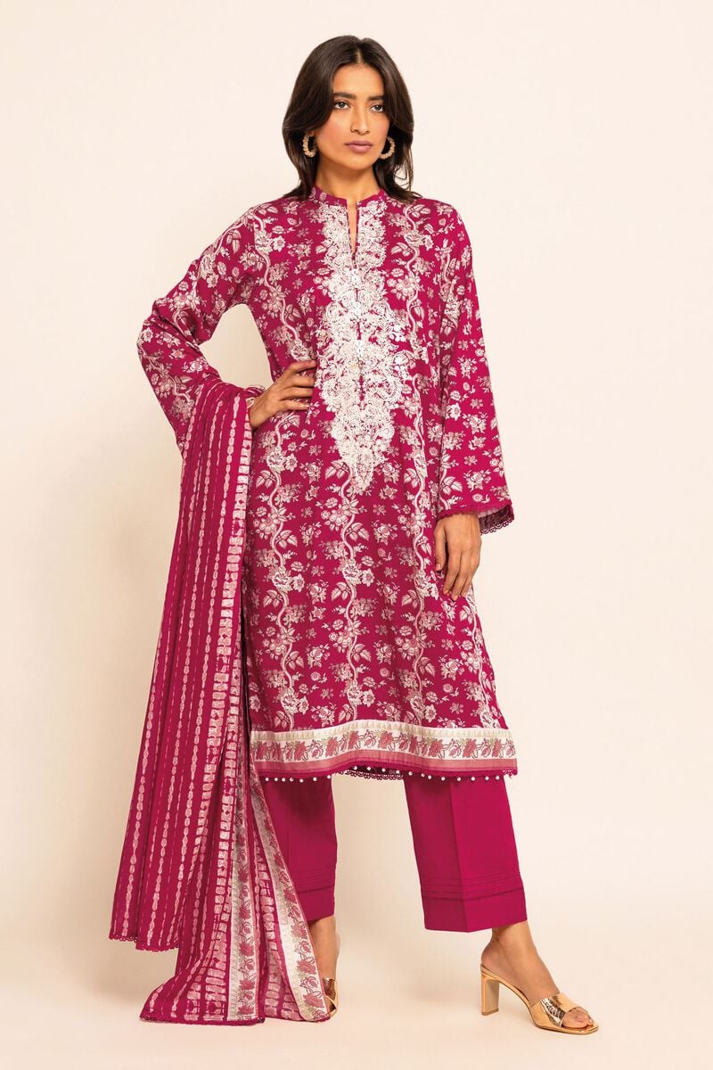 Khaadi | 3 Piece Unstitched Printed Embroidered Lawn Suit | BLA231201-Red