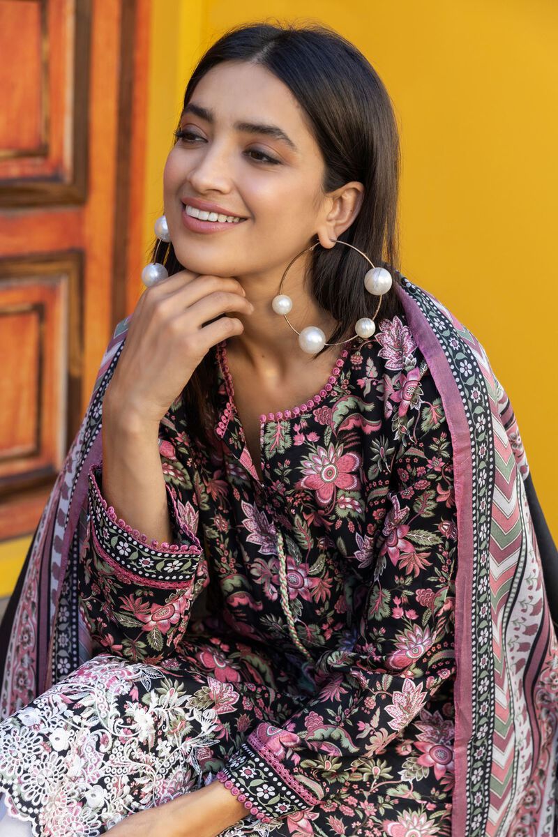 Khaadi | 3 Piece Unstitched Printed Embroidered Lawn Suit | BLA231204-Black
