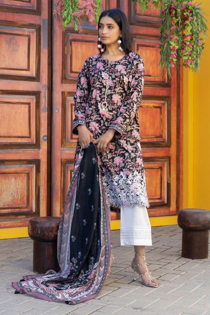 Khaadi | 3 Piece Unstitched Printed Embroidered Lawn Suit | BLA231204-Black