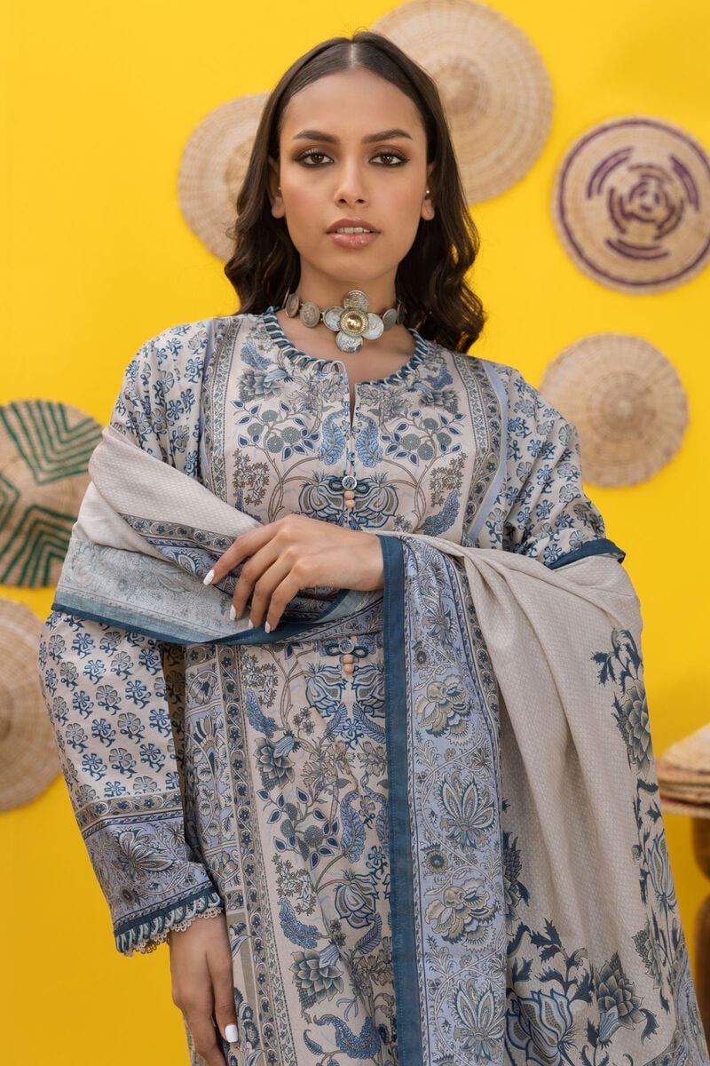 Khaadi | 3 Piece Unstitched Printed Embroidered Lawn Suit | BLA231207-Beige