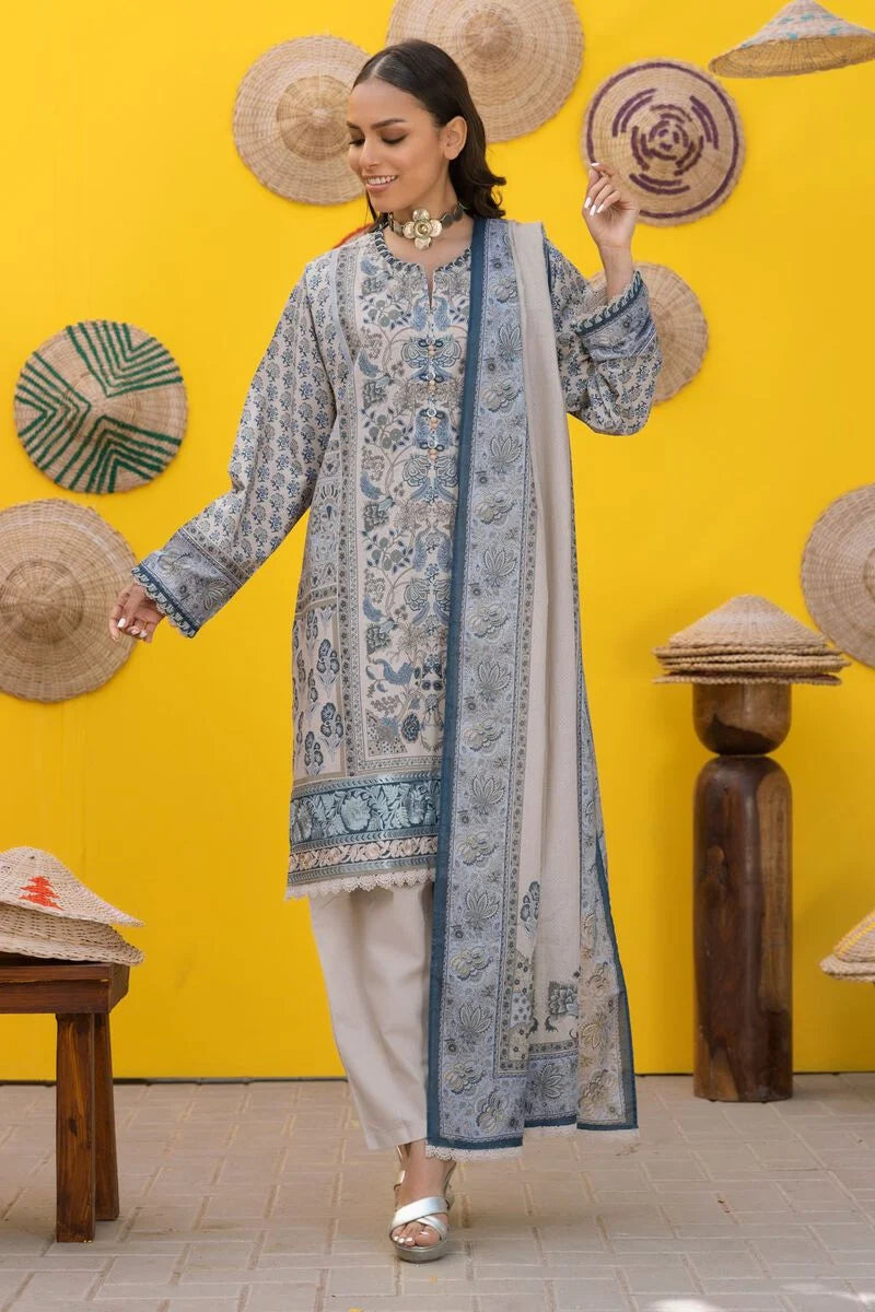 Khaadi | 3 Piece Unstitched Printed Embroidered Lawn Suit | BLA231207-Beige