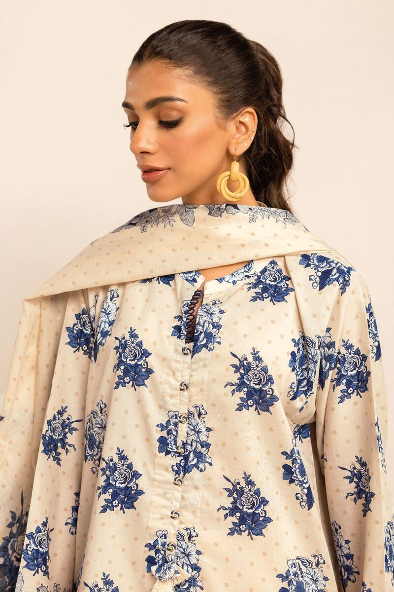 Khaadi | 3 Piece Unstitched Printed Embroidered Lawn Suit | BLA231223-Beige