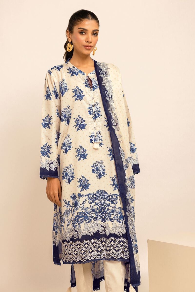 Khaadi | 3 Piece Unstitched Printed Embroidered Lawn Suit | BLA231223-Beige