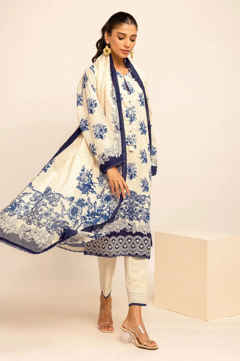 Khaadi | 3 Piece Unstitched Printed Embroidered Lawn Suit | BLA231223-Beige