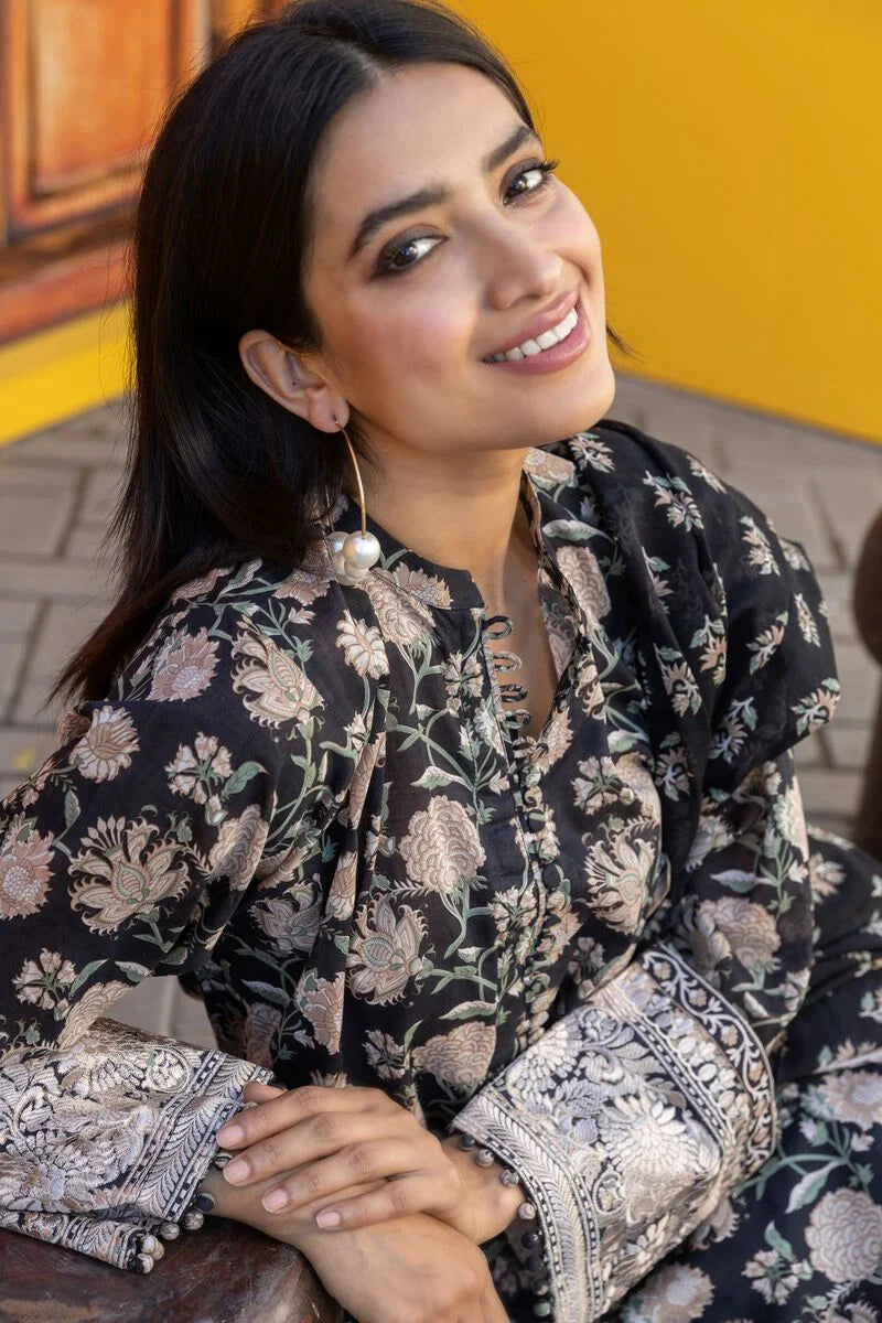 Khaadi | 3 Piece Unstitched Printed Embroidered Lawn Suit | BLA231225-Black