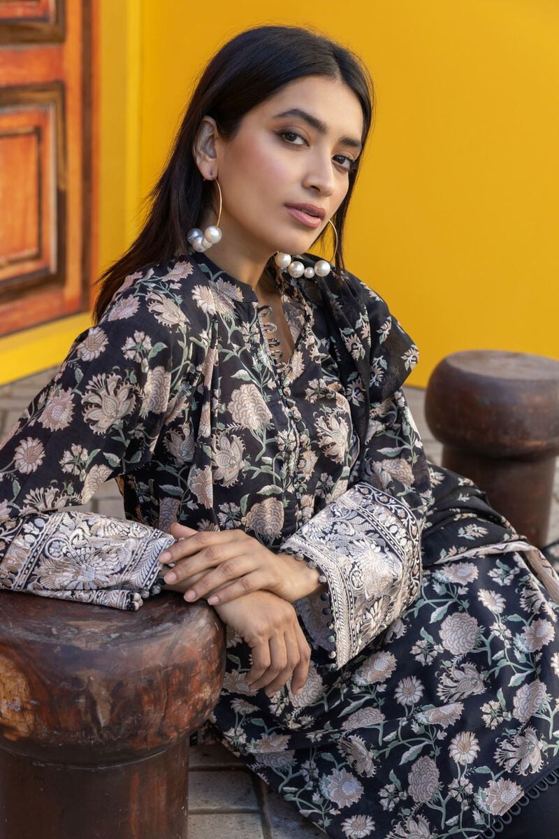 Khaadi | 3 Piece Unstitched Printed Embroidered Lawn Suit | BLA231225-Black