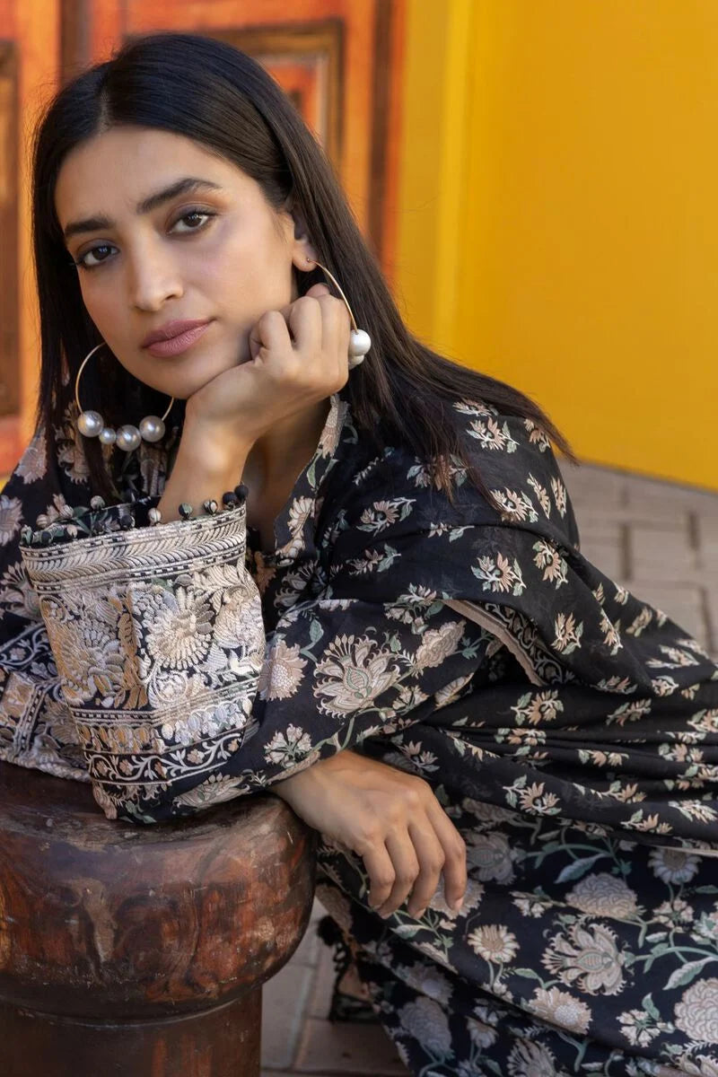 Khaadi | 3 Piece Unstitched Printed Embroidered Lawn Suit | BLA231225-Black