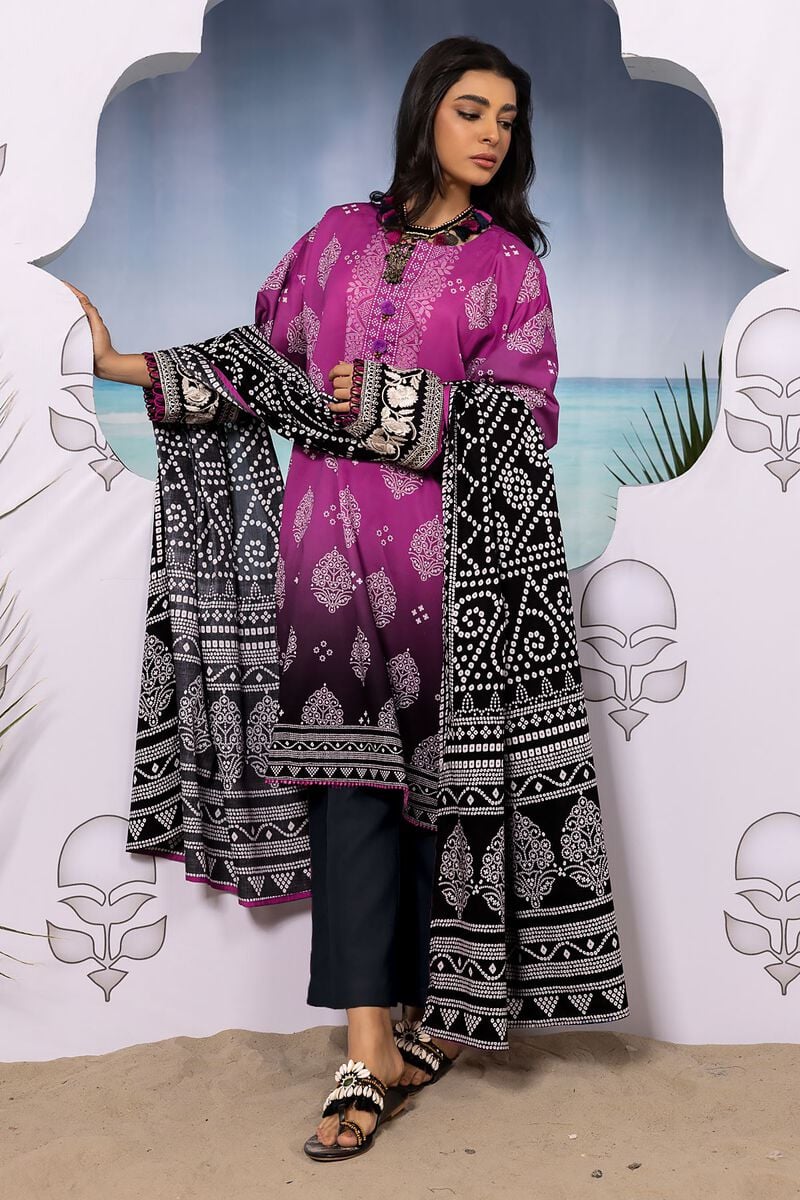 Khaadi | 3 Piece Unstitched Printed Embroidered Lawn Suit | BLA240106-Purple