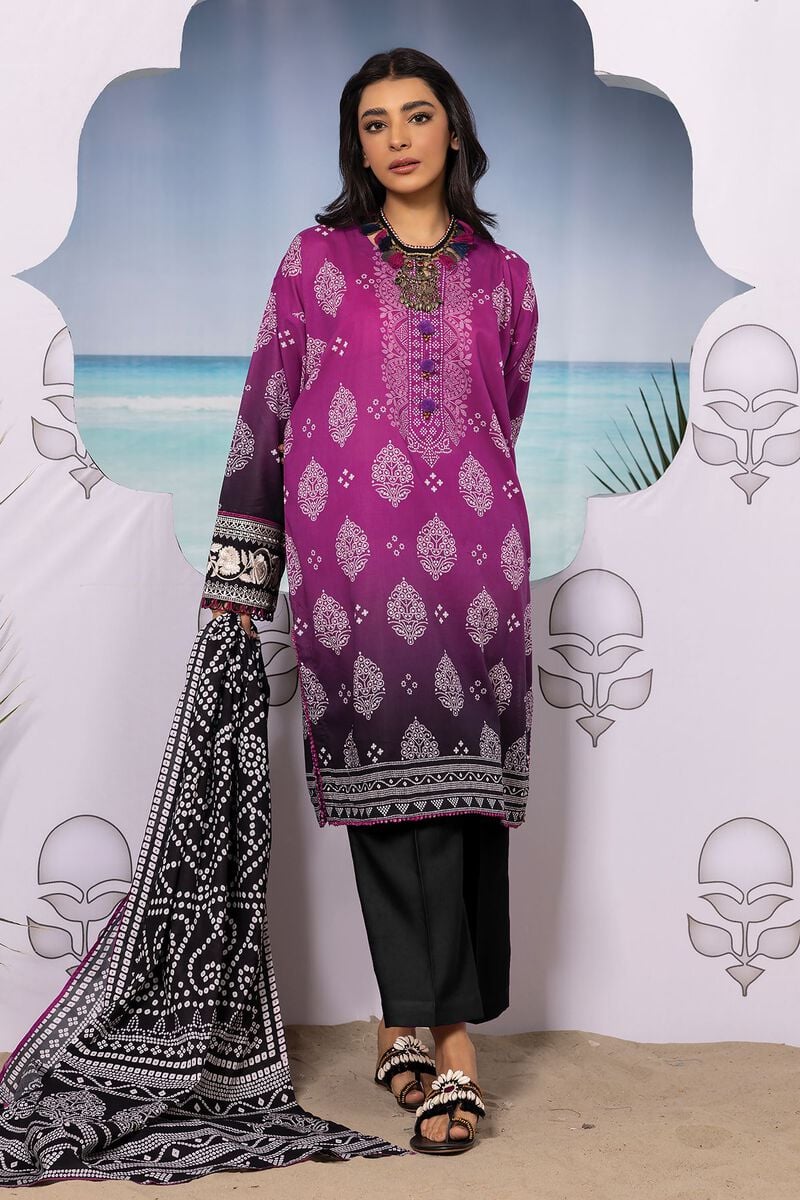 Khaadi | 3 Piece Unstitched Printed Embroidered Lawn Suit | BLA240106-Purple